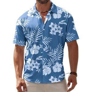Men Blue Hawaiian Wrinkle Free Short Sleeve Button Down Tropical Floral Shirt